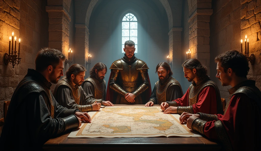 In a dimly lit, stone-walled war chamber, Edward III stands tall, clad in regal armor, his hand resting on a massive oak table strewn with maps, scrolls, and miniature battle formations. His face is set with determination, eyes fixed on the intricate plans before him. Surrounding him are his closest advisors, each dressed in rich, period-appropriate attire, their expressions a mix of tension and resolve. The room is heavy with the weight of impending conflict, with flickering candlelight casting long, dramatic shadows that dance across the ancient walls, emphasizing the gravity of their decisions. Behind them, the cold light of dawn filters through narrow, arched windows, hinting at the day of battle to come. The atmosphere is thick with anticipation, every detail— from the richly embroidered tapestries hanging on the walls to the gleaming hilts of swords at their sides— evokes a sense of historical gravity. This scene captures the solemn resolve of a king and his council as they pre, Surrealism, Hyperrealism, UHD, retina, masterpiece, accurate, anatomically correct, textured skin, super detail, 16k