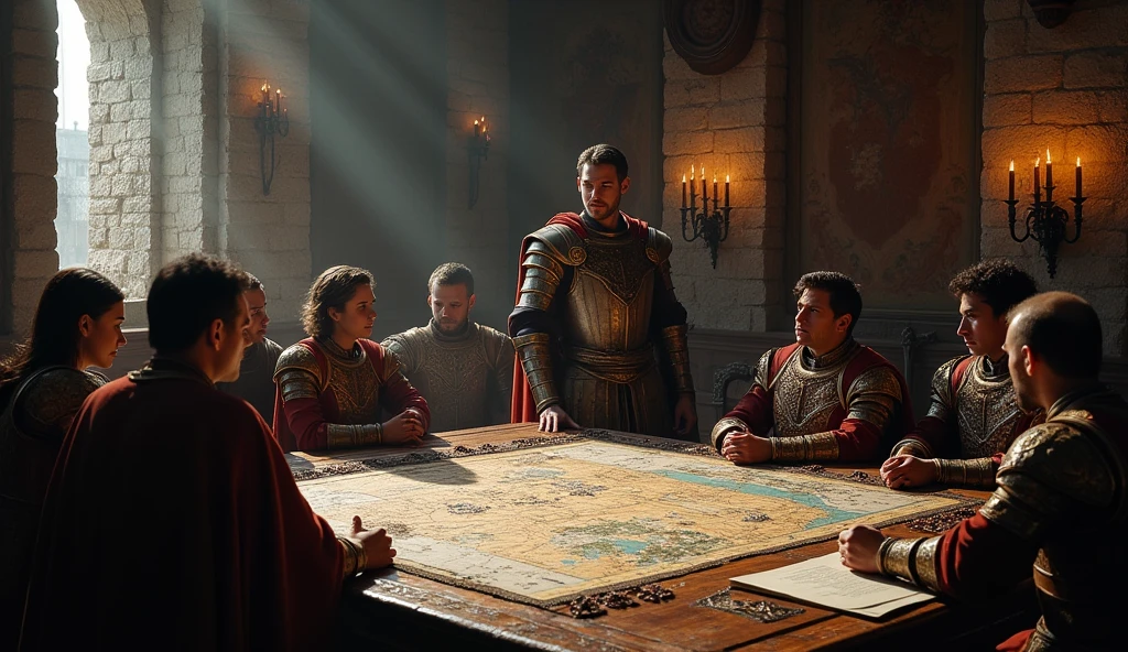 In a dimly lit, stone-walled war chamber, Edward III stands tall, clad in regal armor, his hand resting on a massive oak table strewn with maps, scrolls, and miniature battle formations. His face is set with determination, eyes fixed on the intricate plans before him. Surrounding him are his closest advisors, each dressed in rich, period-appropriate attire, their expressions a mix of tension and resolve. The room is heavy with the weight of impending conflict, with flickering candlelight casting long, dramatic shadows that dance across the ancient walls, emphasizing the gravity of their decisions. Behind them, the cold light of dawn filters through narrow, arched windows, hinting at the day of battle to come. The atmosphere is thick with anticipation, every detail— from the richly embroidered tapestries hanging on the walls to the gleaming hilts of swords at their sides— evokes a sense of historical gravity. This scene captures the solemn resolve of a king and his council as they pre, Surrealism, Hyperrealism, UHD, retina, masterpiece, accurate, anatomically correct, textured skin, super detail, 16k