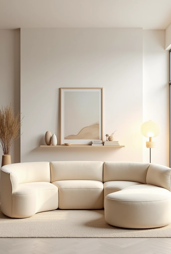 Create a modern, minimalist living room look with a soft, neutral color palette. The living room has a large curved cream-colored sofa with a soft texture, accompanied by a matching armchair. The sofa and armchair are placed on a light beige rug that complements the overall aesthetic.. Above the sofa, there is a piece of abstract art in soft tones, framed with a thin white frame. To the right of the sofa, there is a small round wooden side table, com um design simples, that supports a lamp with a soft, bright spherical light. Behind the couch, there is a white wall with a floating shelf that displays decorative objects, including sculptures and small books. The ambient lighting is soft and warm, criando uma atmosfera acolhedora e convidativa