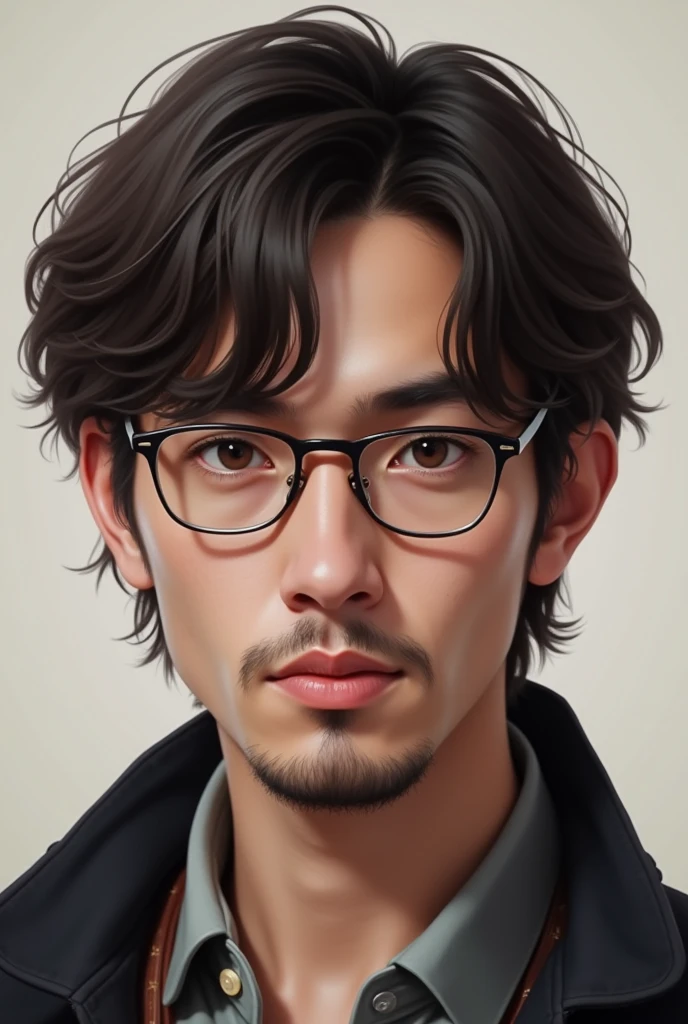caucasian man, Her face is oval, his nose is aquiline, He has a sparse beard, Her hair is straight and her cut has bangs. he also wears glasses