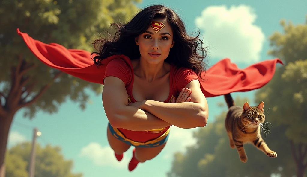 Supergirl flutuando no ar 
(((very beautiful old Supergirl (((1980s Superman costume))) Julie Hagerty(((dark-haired, large-breasted woman in her 50s)))) Super woman Julie Hagerty; confident, powerful, indestructible, attractive; big and firm chest; strong breasts; arms crossed, salvando um gato de uma arvore; arms of a strong woman.