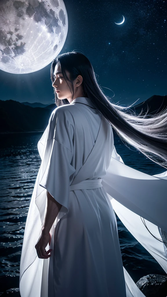 **Prompt:** Create an ultra-realistic 8K resolution image of Tsukuyomi, the Japanese moon god from Shinto mythology. Tsukuyomi is depicted as a majestic and serene figure, embodying the tranquil beauty and mystique of the moon. He has long, flowing silver hair that cascades down his back, shimmering like moonlight. His eyes are a deep, glowing silver, reflecting the calm and ethereal nature of the night. His expression is serene, yet holds a hint of aloofness, as he gazes towards the heavens.
He is dressed in an intricately designed traditional Japanese robe, adorned with patterns of the moon and stars, in shades of deep blue, silver, and white. The robe flows around him like a gentle breeze, giving the impression of floating in a celestial realm. Tsukuyomi holds a delicate, ornate staff, topped with a crescent moon, symbolizing his dominion over the night.
The background features a stunning full moon illuminating a serene, night-time landscape with gentle waves reflecting the moonlight. The scene is serene and otherworldly, capturing the divine and timeless essence of Tsukuyomi as the revered moon god.