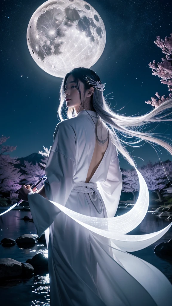 **Prompt:** Create an ultra-realistic 8K resolution image of Tsukuyomi, the Japanese moon god from Shinto mythology. Tsukuyomi is depicted as a majestic and serene figure, embodying the tranquil beauty and mystique of the moon. He has long, flowing silver hair that cascades down his back, shimmering like moonlight. His eyes are a deep, glowing silver, reflecting the calm and ethereal nature of the night. His expression is serene, yet holds a hint of aloofness, as he gazes towards the heavens.
He is dressed in an intricately designed traditional Japanese robe, adorned with patterns of the moon and stars, in shades of deep blue, silver, and white. The robe flows around him like a gentle breeze, giving the impression of floating in a celestial realm. Tsukuyomi holds a delicate, ornate staff, topped with a crescent moon, symbolizing his dominion over the night.
The background features a stunning full moon illuminating a serene, night-time landscape with gentle waves reflecting the moonlight. The scene is serene and otherworldly, capturing the divine and timeless essence of Tsukuyomi as the revered moon god.