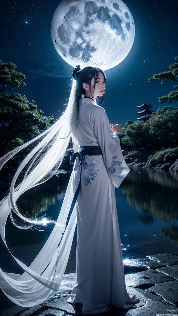 **Prompt:** Create an ultra-realistic 8K resolution image of Tsukuyomi, the Japanese moon god from Shinto mythology. Tsukuyomi is depicted as a majestic and serene figure, embodying the tranquil beauty and mystique of the moon. He has long, flowing silver hair that cascades down his back, shimmering like moonlight. His eyes are a deep, glowing silver, reflecting the calm and ethereal nature of the night. His expression is serene, yet holds a hint of aloofness, as he gazes towards the heavens.
He is dressed in an intricately designed traditional Japanese robe, adorned with patterns of the moon and stars, in shades of deep blue, silver, and white. The robe flows around him like a gentle breeze, giving the impression of floating in a celestial realm. Tsukuyomi holds a delicate, ornate staff, topped with a crescent moon, symbolizing his dominion over the night.
The background features a stunning full moon illuminating a serene, night-time landscape with gentle waves reflecting the moonlight. The scene is serene and otherworldly, capturing the divine and timeless essence of Tsukuyomi as the revered moon god.