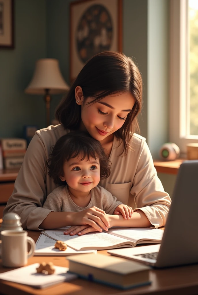 Create an image of a mother caring for her child, studying and working at the same time 