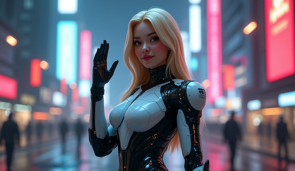 Keep the armor futuristic technology. You do NOT have to wear a helmet. I want it to be seen that it is a female human person maintaining the futuristic work. Place it in a city with RTX neon highlights. The character must be facing forward with his hand waving, smiling. Make the image lighter and the background darker. Blonde hair character. Image from the character's thighs. Character with double D bra size. busty.