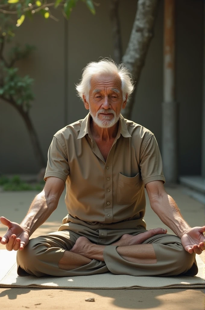 Elderly man sitting on the floor with his leg stretched out, touching the tip of his foot while stretching