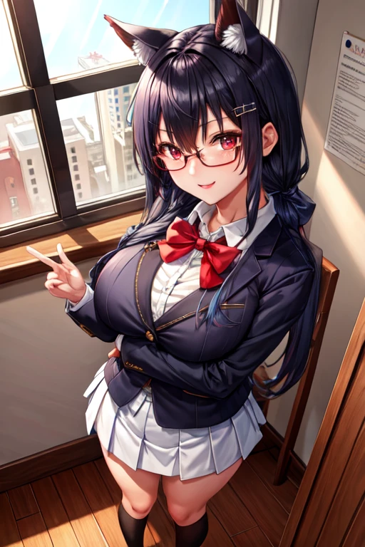 anime female character in School uniform, with short skirt, BREAK , nakamuramisaki, double tail, Glasses, black fur, (beautiful,huge_old:1.3), milf, BREAK , 1 girl, Alone, standing in the garden, Whole body, full figure, BREAK , beautifully detailed illustration of a cozy and meticulously decorated school classroom with warm lighting, vibrant colors, and a cozy atmosphere. BREAK , School uniform, high thighs, burezaa jacket (blazer), bow, School uniform, bowtie, shoes, moccasins, Love, BREAK , beautiful detailed eyes, beautiful detailed lips, extremely detailed eyes and face, long eyelashes, BREAK , half: oil painting, atmospheric lighting, dream color palette, detailed interior decoration, calm and peaceful environment, BREAK , (Best Quality,4k,8k,High resolution,masterpiece:1.2), ultra detailed,
