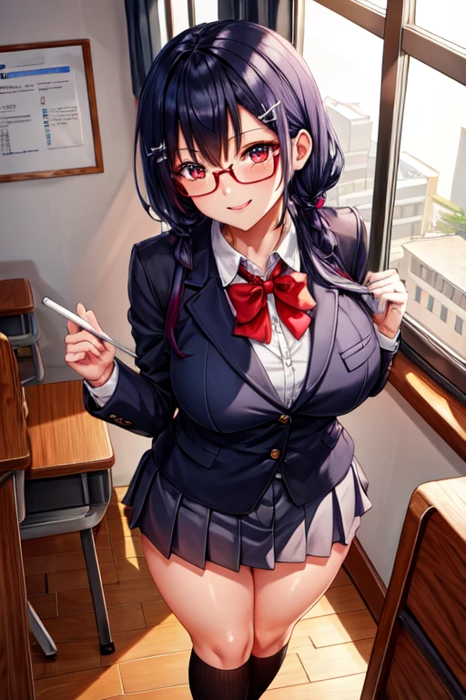 anime female character in School uniform, with short skirt, BREAK , nakamuramisaki, double tail, Glasses, black fur, (beautiful,huge_old:1.3), milf, BREAK , 1 girl, Alone, standing in the garden, Whole body, full figure, BREAK , beautifully detailed illustration of a cozy and meticulously decorated school classroom with warm lighting, vibrant colors, and a cozy atmosphere. BREAK , School uniform, high thighs, burezaa jacket (blazer), bow, School uniform, bowtie, shoes, moccasins, Love, BREAK , beautiful detailed eyes, beautiful detailed lips, extremely detailed eyes and face, long eyelashes, BREAK , half: oil painting, atmospheric lighting, dream color palette, detailed interior decoration, calm and peaceful environment, BREAK , (Best Quality,4k,8k,High resolution,masterpiece:1.2), ultra detailed,