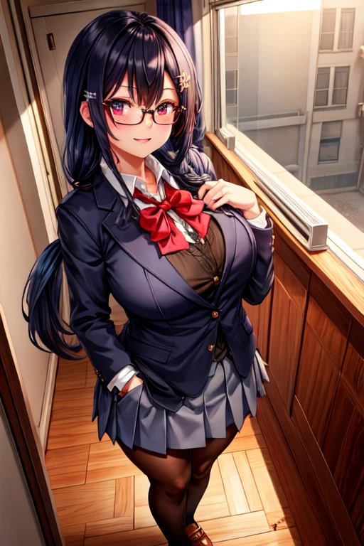 anime female character in School uniform, with short skirt, BREAK , nakamuramisaki, double tail, Glasses, black fur, (beautiful,huge_old:1.3), milf, BREAK , 1 girl, Alone, standing in the garden, Whole body, full figure, BREAK , beautifully detailed illustration of a cozy and meticulously decorated school classroom with warm lighting, vibrant colors, and a cozy atmosphere. BREAK , School uniform, high thighs, burezaa jacket (blazer), bow, School uniform, bowtie, shoes, moccasins, Love, BREAK , beautiful detailed eyes, beautiful detailed lips, extremely detailed eyes and face, long eyelashes, BREAK , half: oil painting, atmospheric lighting, dream color palette, detailed interior decoration, calm and peaceful environment, BREAK , (Best Quality,4k,8k,High resolution,masterpiece:1.2), ultra detailed,