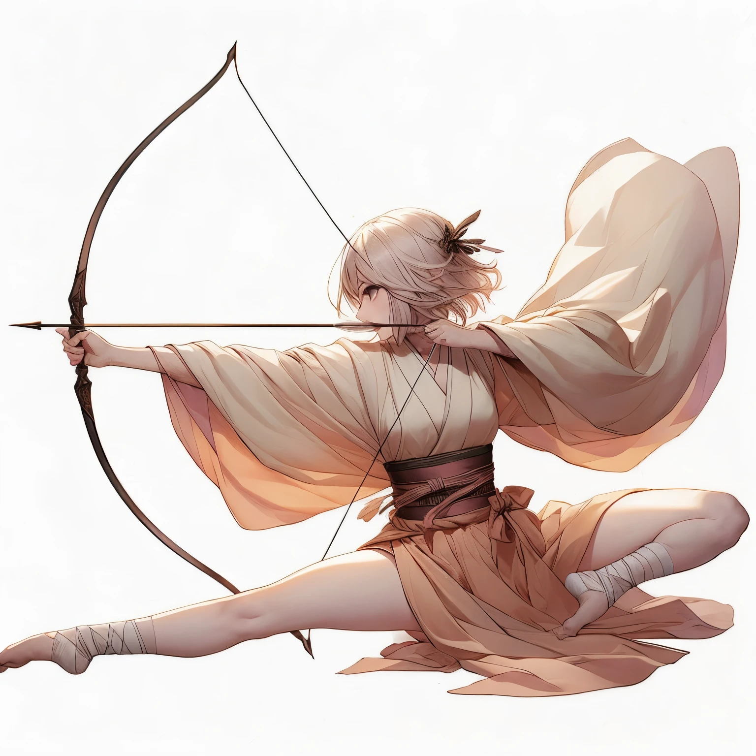 A waif gaussian silk loincloth bottom and top holding a long thin long bow, in dynamic splits pose aiming at its prey, 8k,