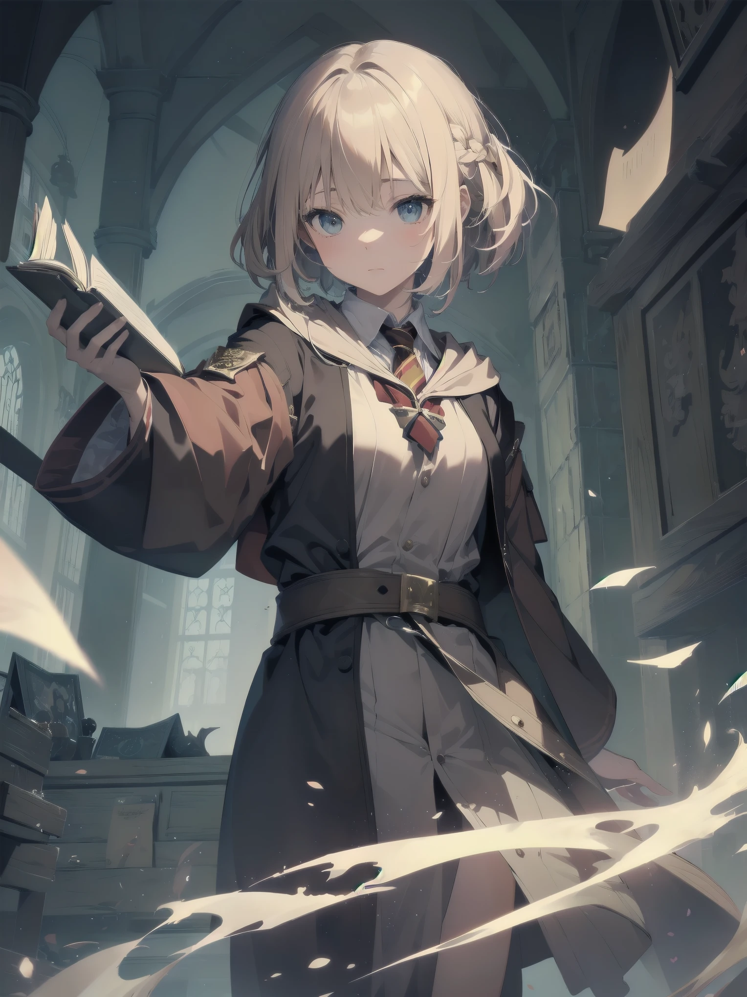 Masterpiece, Top Quality, Absurd, High Resolution, Subject Seismic, Animation Style Illustration with Mock Pause, 1 Girl, Solo, Cute random hairstyle, beautiful random expression and face, random age, slender, random clothing for situation,wizard robes, wand, magical castle, owl, spell book, (Hogwarts: 1.2), magic, wonder, (Harry Potter inspired: 1.3), mysterious atmosphere, details