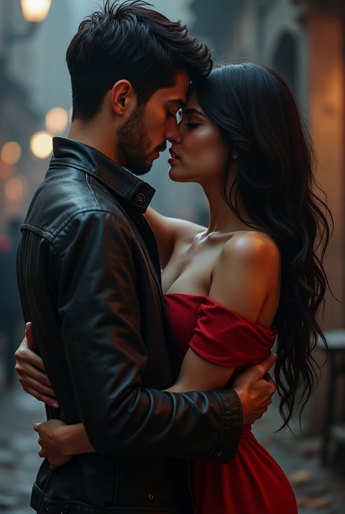 Cover for Wattpad youth romance book, black haired latina girl, and handsome bad boy without a beard, straight hair tear maker boy style young adult novel style