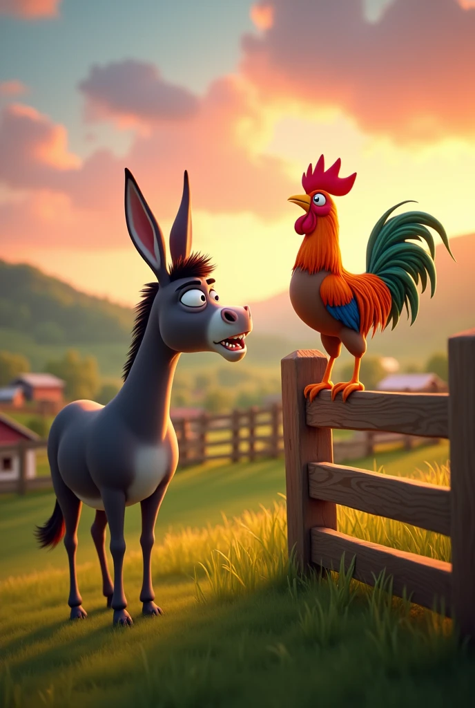 Draw a scene of an angry donkey arguing with a rooster with orange, green and blue plumage on a very pretty farm at dawn. The donkey should have an angry facial expression. The rooster should be very calm, standing on a wooden fence, with its colorful feathers standing out in the design. The farm should be picturesque and detailed, with green fields and a sunrise sky with soft shades of orange and pink, in Pixar style
