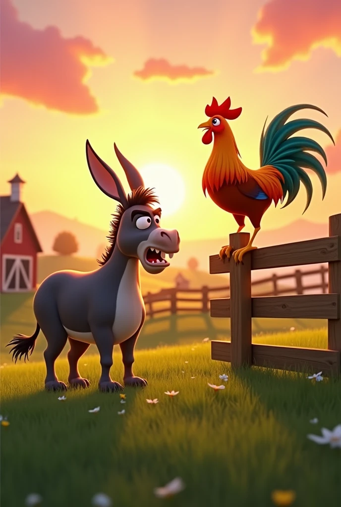 Draw a scene of an angry donkey arguing with a rooster with orange, green and blue plumage on a very pretty farm at dawn. The donkey should have an angry facial expression. The rooster should be very calm, standing on a wooden fence, with its colorful feathers standing out in the design. The farm should be picturesque and detailed, with green fields and a sunrise sky with soft shades of orange and pink, in Pixar style