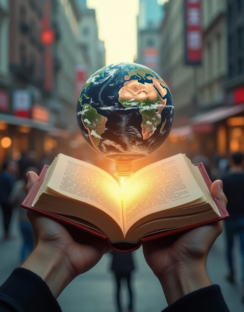 Two hands holding an open book, A planet shaped like a lamp appeared from the book, City background with people, Blurred background, Realistic images.