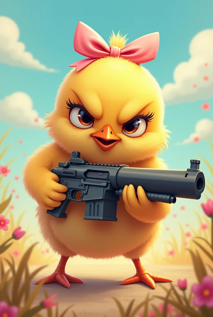 Image of a very very tender but angry female chick with a big gun With a pink bow With a cute background 