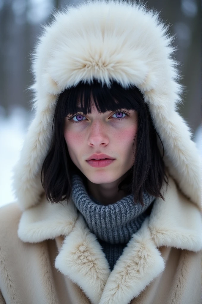 Real life, White young man with black hair, Bangs in the hair, purple eyes, shoulder length hair with Bangs, White ushanka hat, russian young man, fur coat, male, Fox eyes, shoulder length straight hair, straight shoulder length hair with bangs, from far away, full body , FULL BODY, DISTANCE