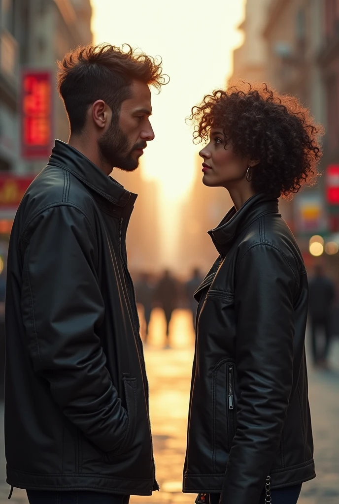 A 1 man meets a woman on the street who has short, curly hair., I think he&#39;s so handsome, He has a gangster face but he likes to take risks