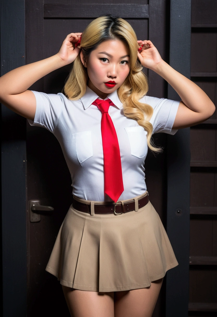 Asian girl dressed as a detective with Asian features ,blond hair ,curvy body,with fitted skirt , Red lips ,sliding her hair over her ear t