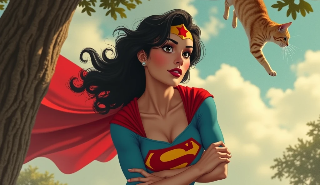 Supergirl flutuando no ar
(((very beautiful old Supergirl (((1980s Superman costume))) Julie Hagerty(((dark-haired, large-breasted woman in her 50s)))) Super woman Julie Hagerty; confident, powerful, indestructible, attractive; big and firm chest; strong breasts; arms crossed, salvando um gato de uma arvore; arms of a strong woman.