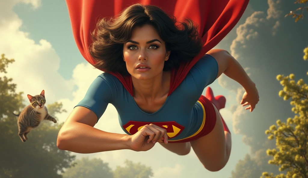Supergirl flutuando no ar
(((very beautiful old Supergirl (((1980s Superman costume))) Julie Hagerty(((dark-haired, large-breasted woman in her 50s)))) Super woman Julie Hagerty; confident, powerful, indestructible, attractive; big and firm chest; strong breasts; arms crossed, salvando um gato de uma arvore; arms of a strong woman.