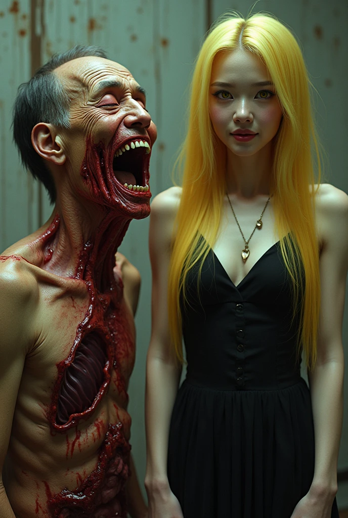 (((photorealistic:1.4))), ultra realistic, pores, (((masterpiece))),high quality, ultra details, realistic white skin beautiful face pretty korean idol girl smilling showing very long sharp black shiny fingernails, yellow slit eyes, smilling, long yellow hair, standing next to realistic ugly old man head stabbed on the post with throat ripped, guts, deep cuts and wound, extreme gore, blood splatter everywhere, torture room
