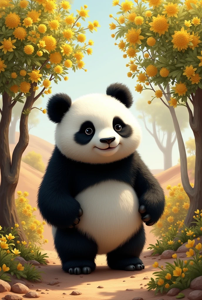 Draw a semi realistic panda, pleasant and determined look, I want it to be in an arid place with flowering guaiac trees, It has yellow flowers and the trees are leafy