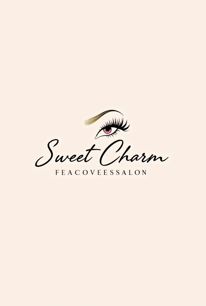 Logo of an eyelash application beauty salon using the name “sweet charm” with nude colors, pink and black and add something related to eyelashes 