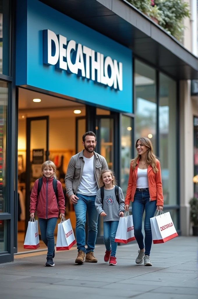 Photo d'une famille qui sort d'un magasin Decathlon avec des sacs, je veux que ça soit réaliste