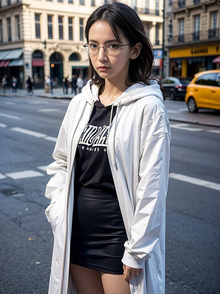 Photo of a beautiful woman standing on a street corner, (masterpiece:1.2, highest quality), (Realistic, photoRealistic:1.4), Beautiful illustrations, (Natural Side Lighting, Cinema Lighting), Written boundary depth, Beautiful thighs staring at the viewer, (((Face Focus, Upper Body))), 1 female, 30-year-old, alone, thin, slender, small breasts!!!, Loose curly hair, Bedhead, thin, slender, (((glasses))), hoodie, long sexy skirt, Are standing, Paris on a clear day with park in the foreground