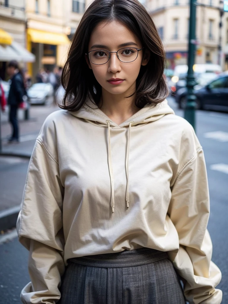 Photo of a beautiful woman standing on a street corner, (masterpiece:1.2, highest quality), (Realistic, photoRealistic:1.4), Beautiful illustrations, (Natural Side Lighting, Cinema Lighting), Written boundary depth, Beautiful thighs staring at the viewer, (((Face Focus, Upper Body))), 1 female, 30-year-old, alone, thin, slender, small breasts!!!, Loose curly hair, Bedhead, thin, slender, (((glasses))), hoodie, long sexy skirt, Are standing, Paris on a clear day with park in the foreground