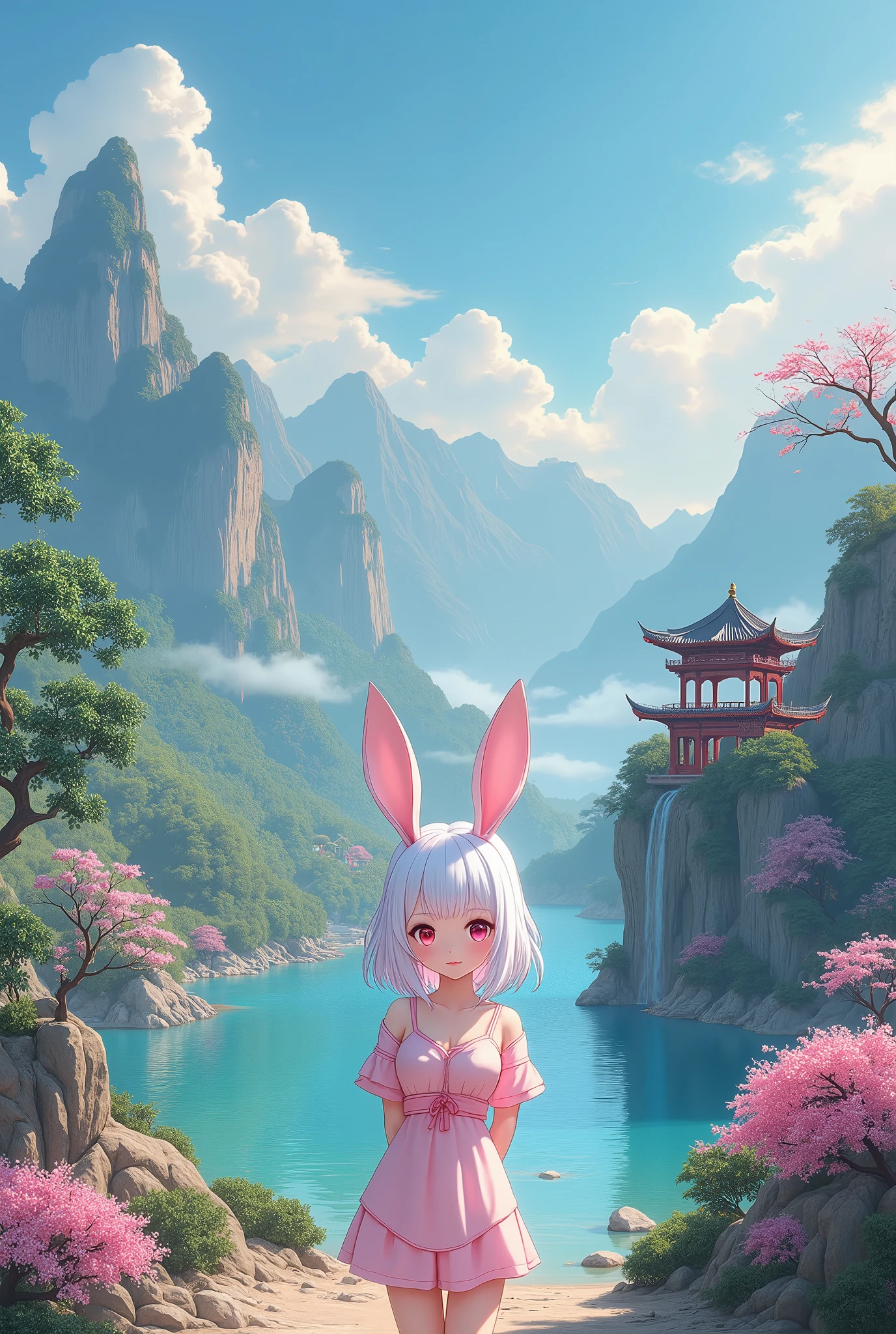 A landscape painting, illustration matte painting, , Chinese hyper reality, Chinese landscape, Inspired by Jana Inner Zen, Chinese-style painting, symmetric matte painting, Detailed scenery – width 672, japonisme，3d，8k，ultra - detailed, portrait of an anime waifu with white hair and white bunny ears in foreground, wearing a pastel pink outfit. big breasts, cute overload, arms behind back, straight on, contrapposto, 
