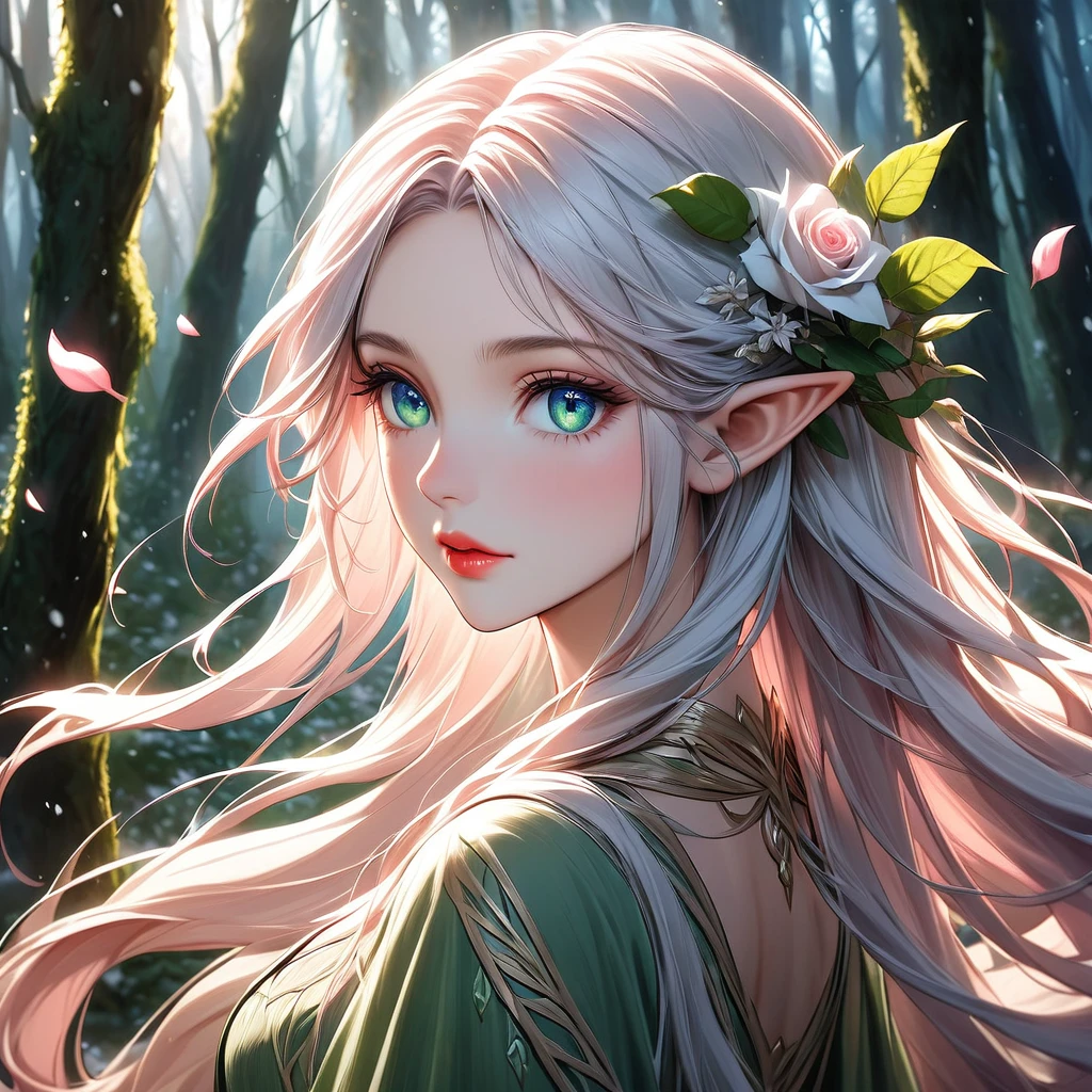 A female elf with ethereal beauty typical of the high elves. Her long, flowing hair is a soft shade of pink, reminiscent of delicate flower petals. Her large, expressive eyes are a deep green, like the heart of the ancient forest she calls home. Her skin is as white as freshly fallen snow, giving her an almost otherworldly appearance, while her lips are as red as the most vibrant roses. She wears traditional elven clothing, which is thin and light, yet incredibly durable, made from a unique plant found only in the elven forest. The fabric shimmers subtly in the light, appearing almost as if it's woven from moonlight.