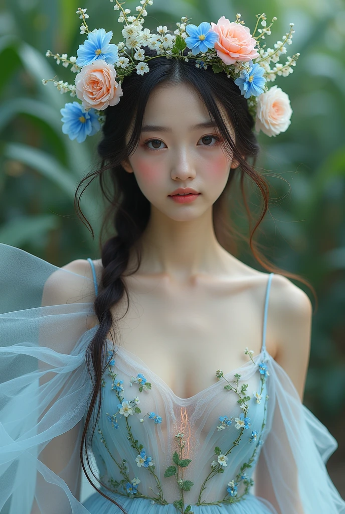 Blue dress, necklineless chiffon dress with corncob designs on the dress and lots of movement, Loose hair decorated with garlands of wild flowers, blue, white and pink,