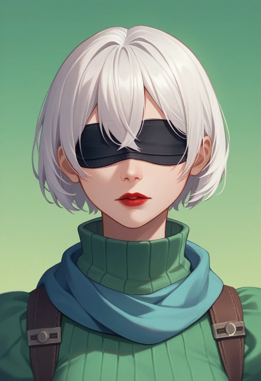 With Hano. Type 2B, 1 girl, Vallopp, (Blindfold), Clothing cut, Green Background, Hair between the eyes, scarf, high resolution, Juliet Sleeves, Long sleeve, Neil (series), Neil automata, Puff sleeves, Red lips, Shadow Face, short hair, Solitary, turtleneck sweater, Upper Body, White hair, Sky