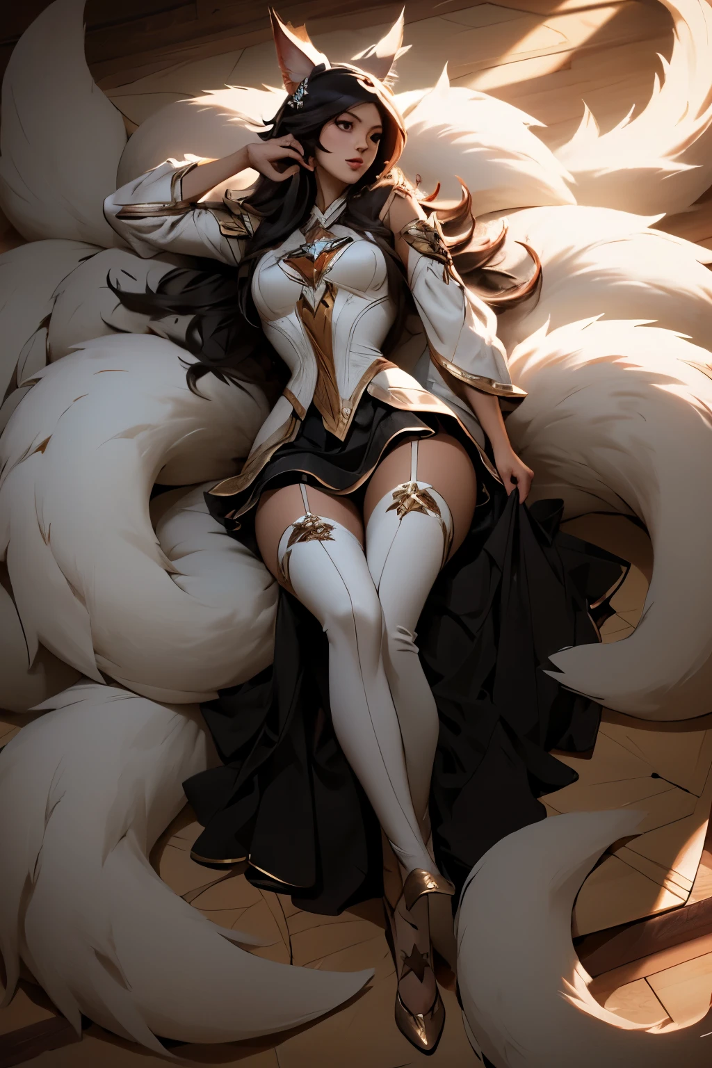 Ahri league of legends, nine fox tails, star guardian costume, fully body, super detaill, high resolution, 8k, Overview, on a sunny day, skirt lift, iluminação Ray Tracing