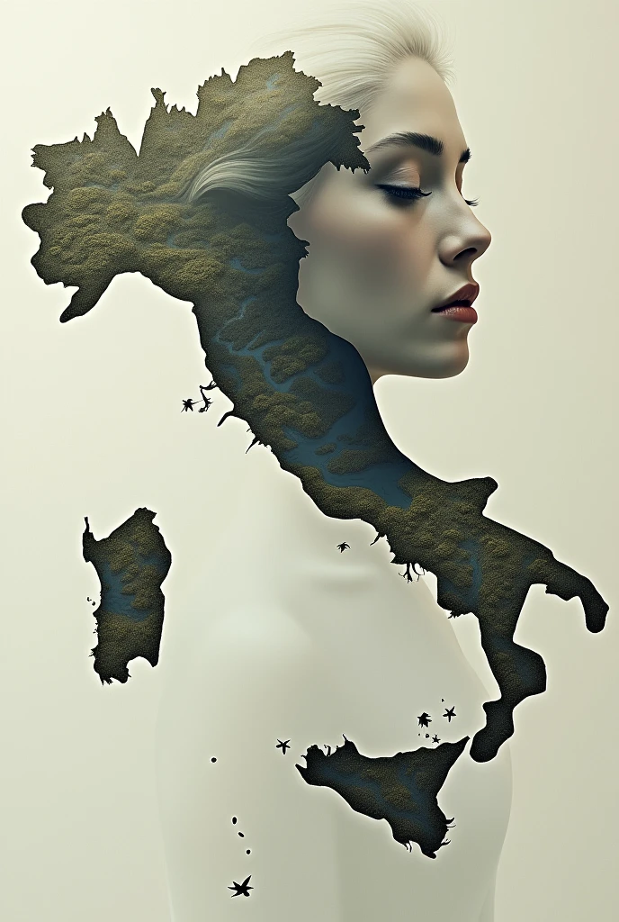 A woman merged with a map. The top will be the woman, and the bottom will be the map of Italy.