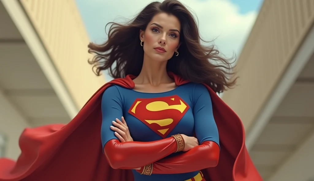 Supergirl flutuando no ar
(((very beautiful old Supergirl (((1980s Superman costume))) Julie Hagerty(((dark-haired, large-breasted woman in her 50s)))) Super woman Julie Hagerty; confident, powerful, indestructible, attractive; big and firm chest; strong breasts; arms crossed, arms of a strong woman.