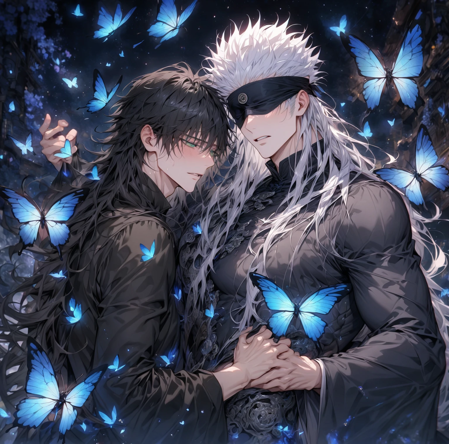 absurdres, highres, ultra detailed, HDR, master piece, Gojou Satoru, white hair with bangs, long hair, blindfolded eyes, black blindfold, black Chinese robes, Fushiguro Megumi, long hair, black hair, expressive green eyes, black Chinese robes, Jujutsu Kaisen, accessories, two sexy man together, handsome, best quality, fantasy, magical, solo, sensual, blue butterflies, starry sky, manly man, glittering, gay couple, yaoi