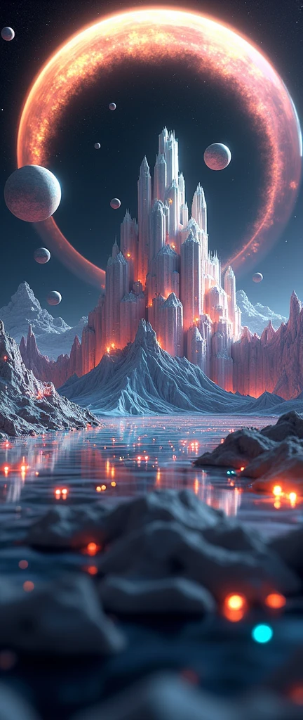 a gem filled flat world, planets, octane render, surreal, hyperrealistic, 8k, 3D, highly detailed, cinematic lighting, volumetric lighting, epic scale, glowing gemstones, floating land masses, vibrant colors, dramatic shadows, dynamic composition, sense of wonder, mesmerizing, mystical atmosphere