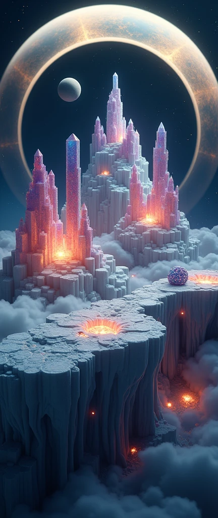 a gem filled flat world, planets, octane render, surreal, hyperrealistic, 8k, 3D, highly detailed, cinematic lighting, volumetric lighting, epic scale, glowing gemstones, floating land masses, vibrant colors, dramatic shadows, dynamic composition, sense of wonder, mesmerizing, mystical atmosphere