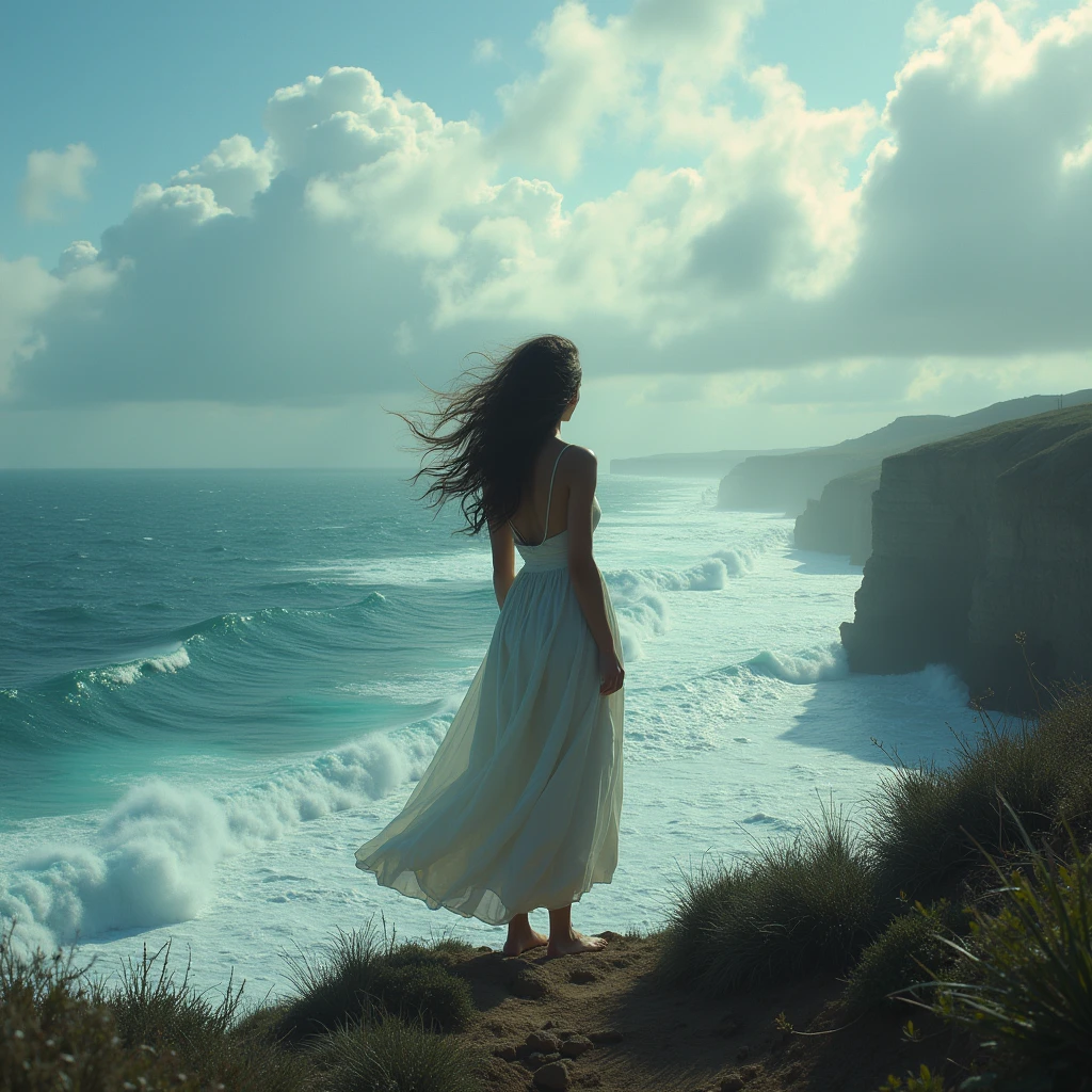 Long shot of a woman with curly hair looking at the vastness of the ocean, surf , arena, costa, clouds, cloudy, winds, loneliness, melancholia, masterpiece, perfect composition