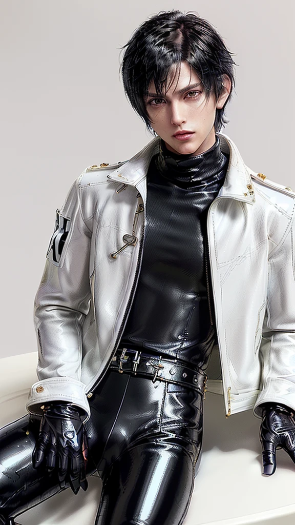 ((Final fantasy taste and reality graphics)), ((Japanese young cute and cool ikemen  boy)), his age is early 20s, thin eyebrows and beady eyes,  ((((he wearing white color and very shining brightly enamel leather very thick single-brest jacket)))), ((with epaulet)), ((enamel leather jacket close all zippers)),, ,(( jacket collar is very high length stand-up collar with belts)), , (((also wearing black color turtleneck very shining brightly enamel leather shirts))),  (((tight black and very shining brightly enamel leather pants))), ((((very shining brightly black enamel leather tight and thin glove)))), ((black color and vety shining brightly leather knee-high raceup boots)),head-to-toe, whole body, boy looks like fashion model,Do not show skin from the neck down,(((all his clothes are smooth design and very shining))),(((Avoid adding unnecessary decorations to your clothes))),(((all clothes is simple design and appearance))),(((don't wear jewelry on all clothes)))