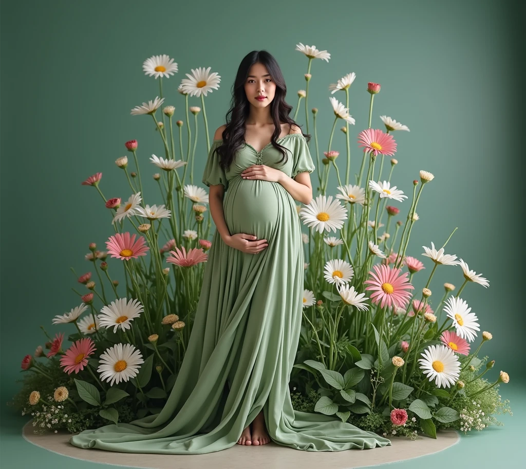 pregnant woman in green dress standing in front of a flower garden, a colorized photo inspired by Kim Du-ryang, shutterstock contest winner, conceptual art, draped in fleshy green and pink, maternal photography 4 k, full body portrait shot, full body photograph, green and pink, full body photoshoot, full body wide shot, full body portrait, award winning studio photo