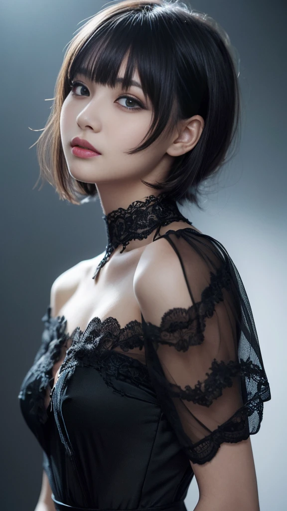 (Standing in honor:1.2,put hands hip:1.2),((from below:1.2)),(Highest quality, Very detailed, masterpiece:1.2), 1 women, Very thin body, length, Thin legs, ((Black short hair:1.2)), ((Thick and fluffy bangs)), Very detailedな顔,A faint smile, small, Thin Nose, small thin mouth, Extremely sharply focused eyes, Japanese, Beautiful Face, Realistic eyes, Beautiful and beautiful eyes, Realistic Skin, Beautiful Skin, charm, (A vivid face), Beautiful Hairstyles,((black color night-gown)),Creepy and unique hairstyles, High resolution, Vibrant color palettel, Amazing place,((Background white))
