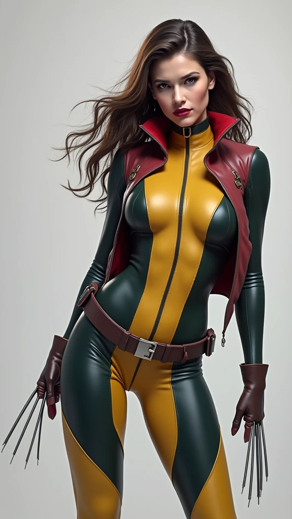 Evangeline Lily with heavy mascara, rouge and blood red lipstick  cos-play as Rogue from the X-men
