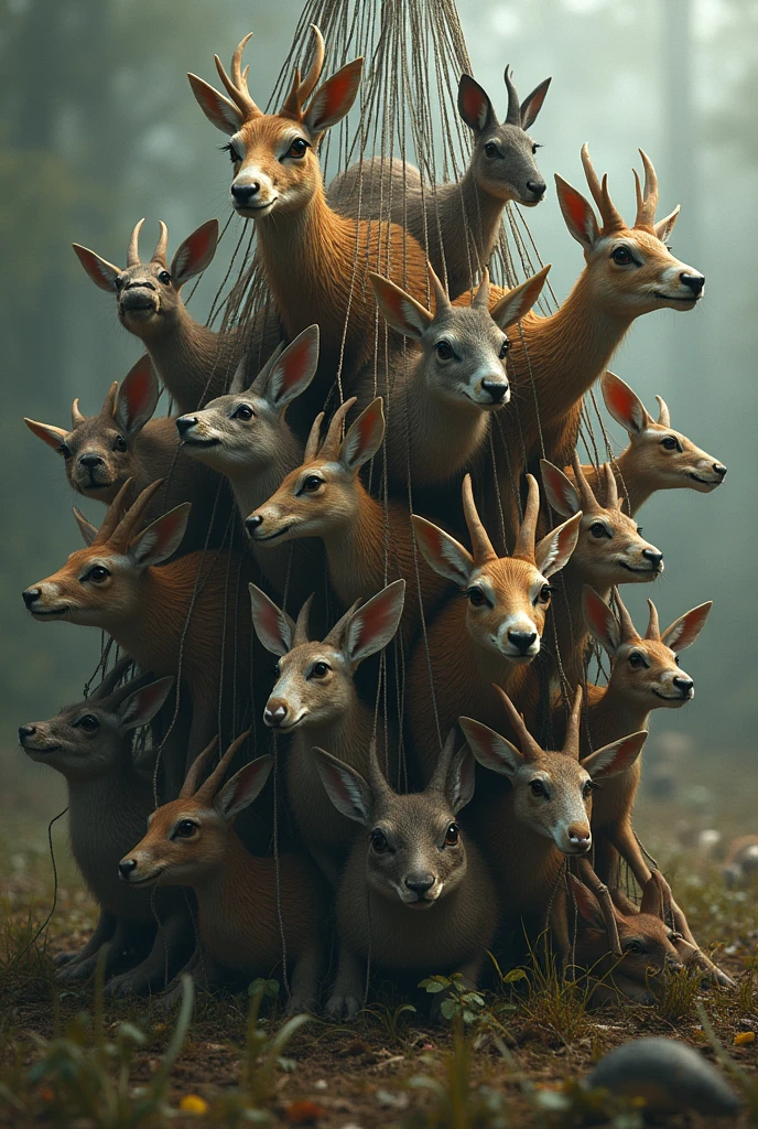 All animals trapped in a net pretending that they were hunted