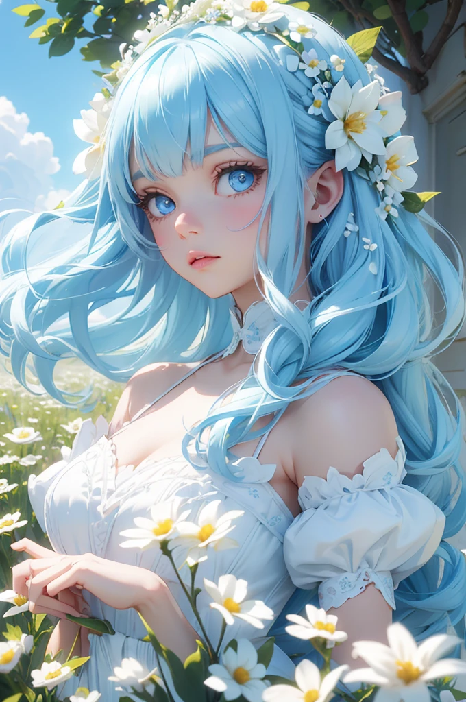 Light blue hair Medium Hair Light blue eyes beautiful girl White flower hair ornament beautiful White Flower Field White Dress Fairytale castle