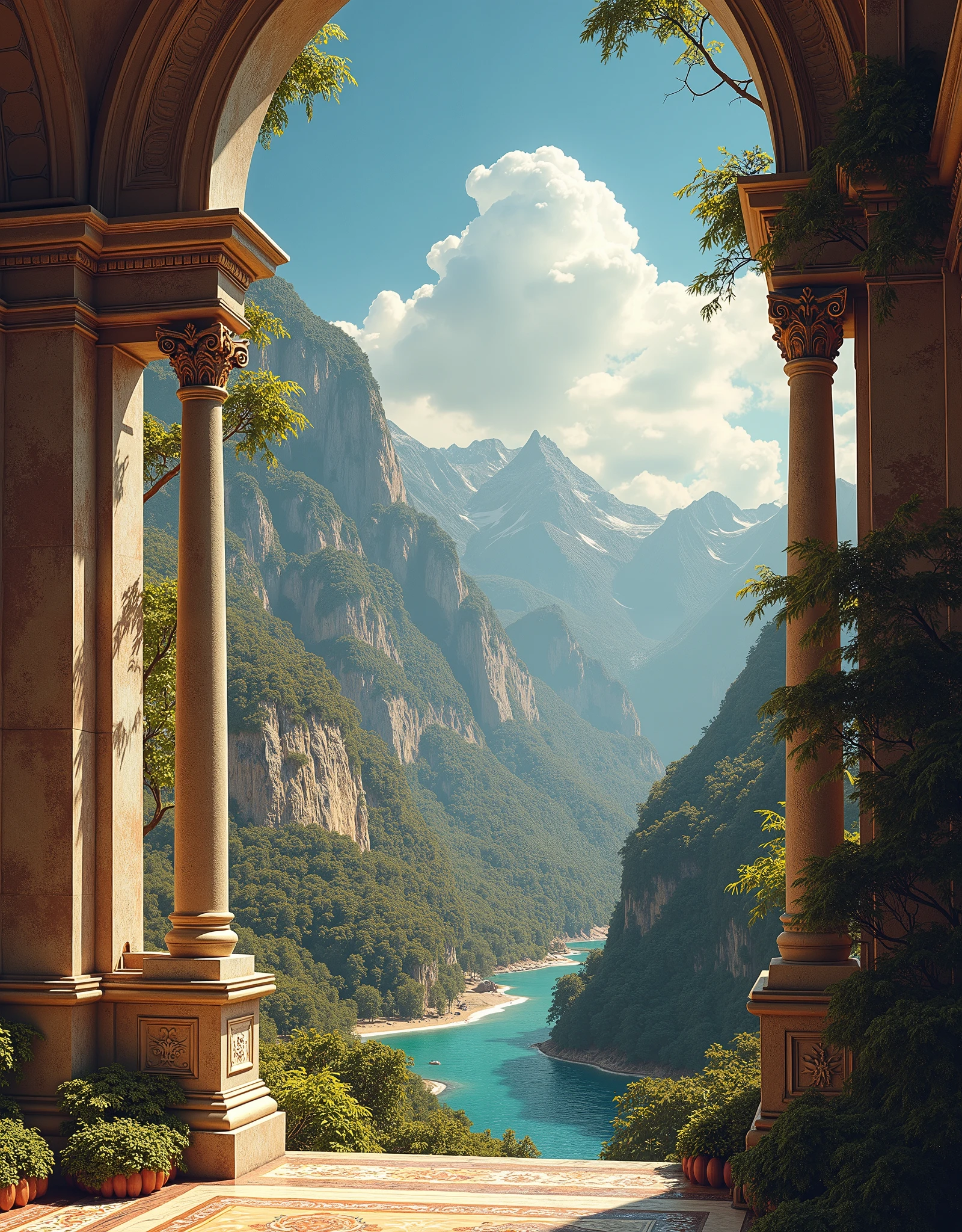 a renaissance wallpaper fusion of the main elements of paris bariloche and rj without people with surreal atmospheres, a renaissance wallpaper fusion of the main elements of paris, bariloche and rj, surreal, fantasy landscape, dramatic lighting, warm color palette, detailed architecture, intricate patterns, visually striking, masterpiece, best quality, 8k, hyperrealistic, cinematic, dramatic lighting, ethereal atmosphere, lush foliage, dramatic skies, picturesque scenery, ornate details, seamless integration